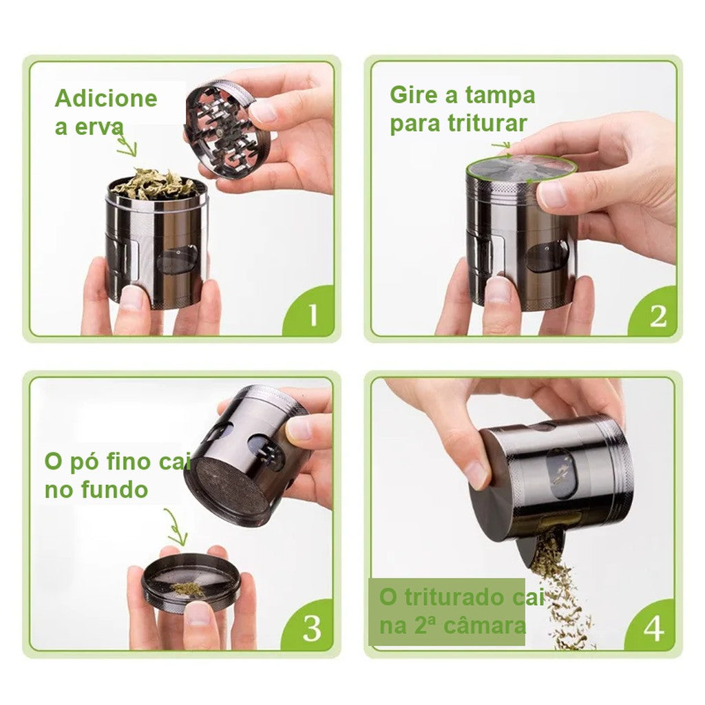 Passo a passo de uso do Dichavador Puff Vision: adicionar a erva, girar a tampa, pó fino no fundo e triturado na segunda câmara