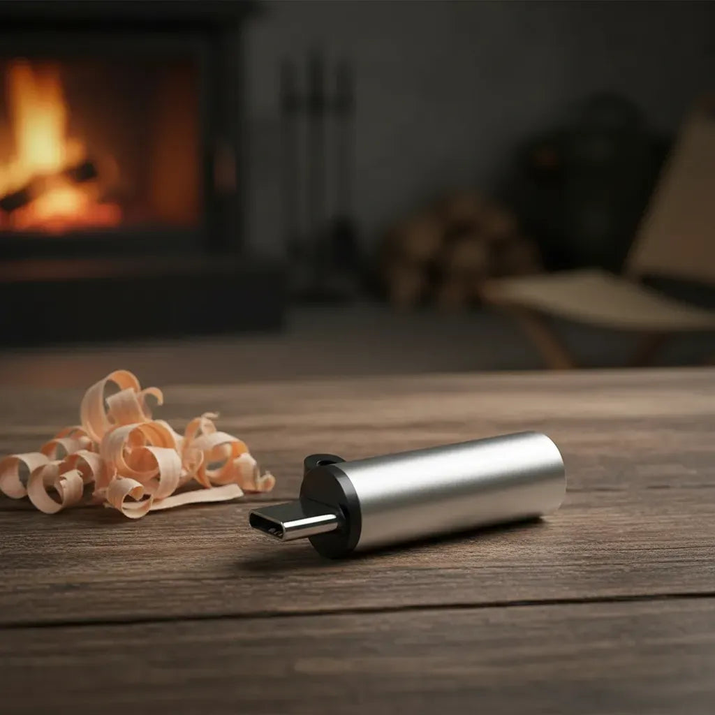 Isqueiro eletrico USB-C em uso como adaptador portatil para celular