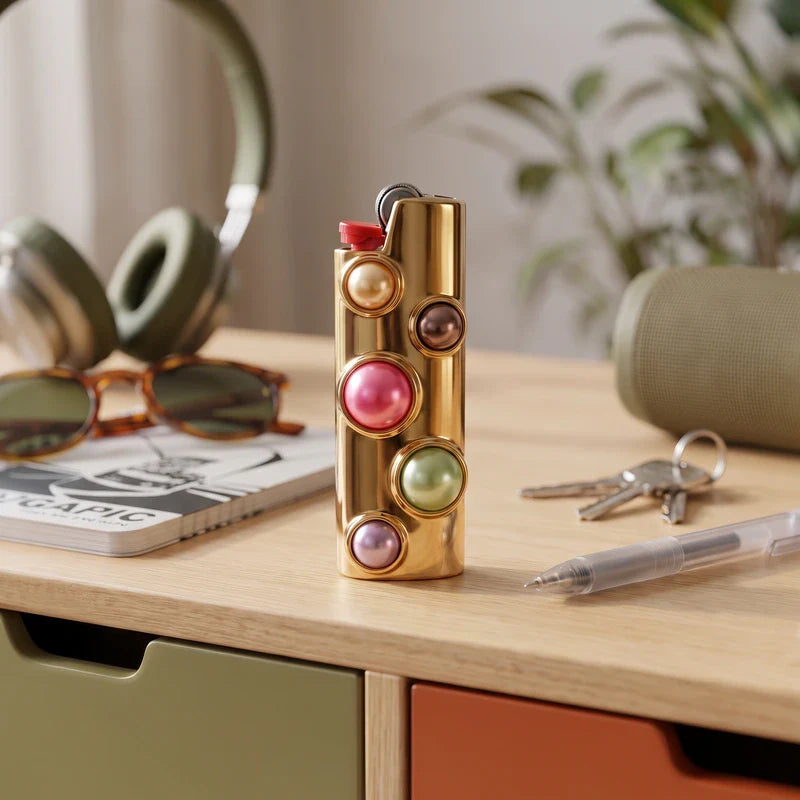 Porta-isqueiro para BIC grande dourado com pérolas coloridas sobre uma mesa com objetos do dia a dia