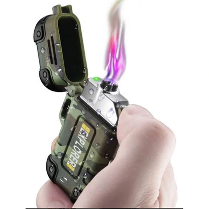 Isqueiro de plasma recarregavel USB camuflado aceso com chama eletrica