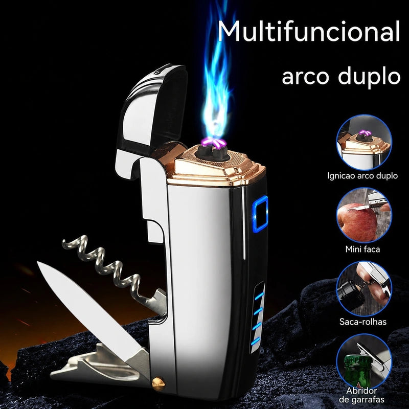 isqueiro-eletrico-recarregavel-multifuncional-prata-capa - Isqueiro eletrico recarregavel multifuncional com arco duplo, mini faca, saca-rolhas e abridor.