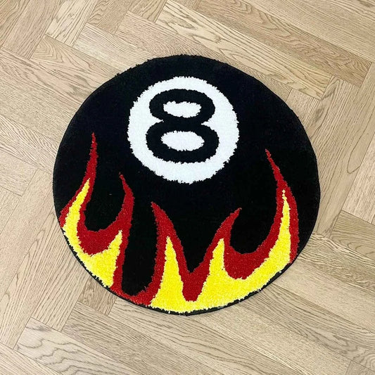 Tapete Bola 8 com chamas em acabamento tufted visto por inteiro