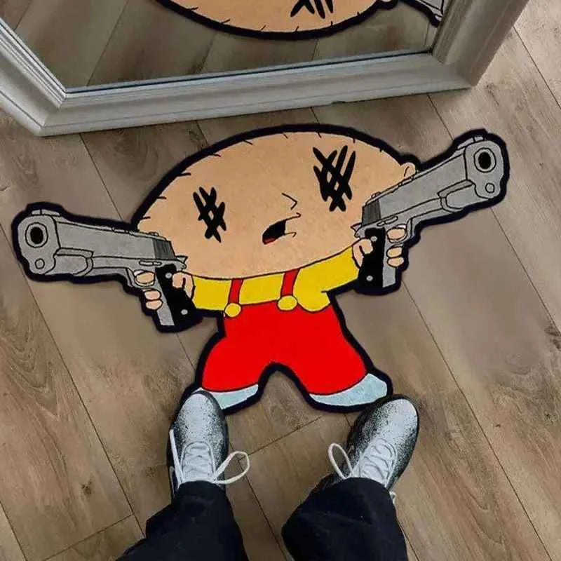 Tapete cartoon gangster com personagem armado em ambiente sobre piso cinza