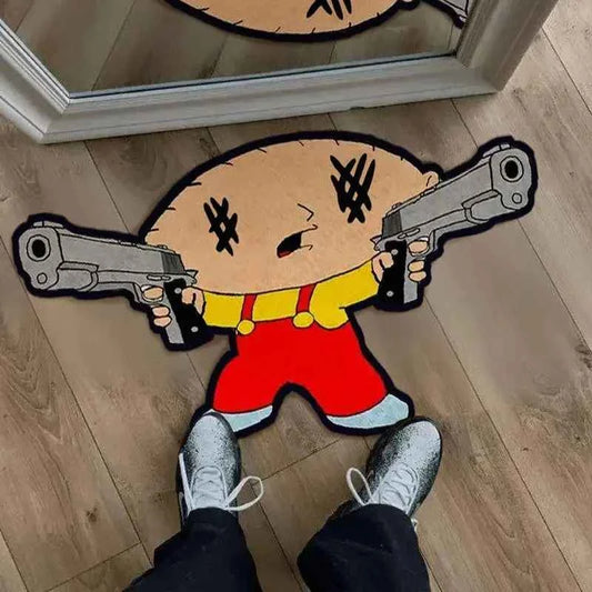 Tapete cartoon gangster com personagem armado em ambiente sobre piso cinza