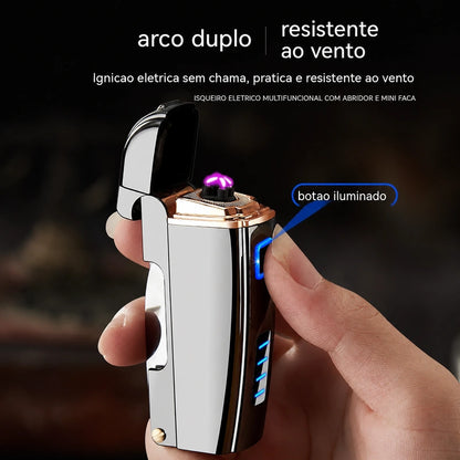 isqueiro-eletrico-recarregavel-multifuncional-arco-duplo - Detalhe do arco duplo resistente ao vento e botao iluminado.