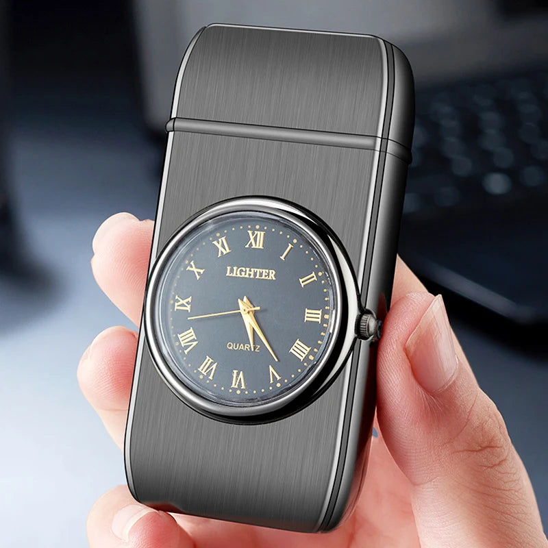 isqueiro-macarico-recarregavel-relogio-preto-acabamento-escovado - Detalhe do acabamento preto escovado e relogio analogico quartz.