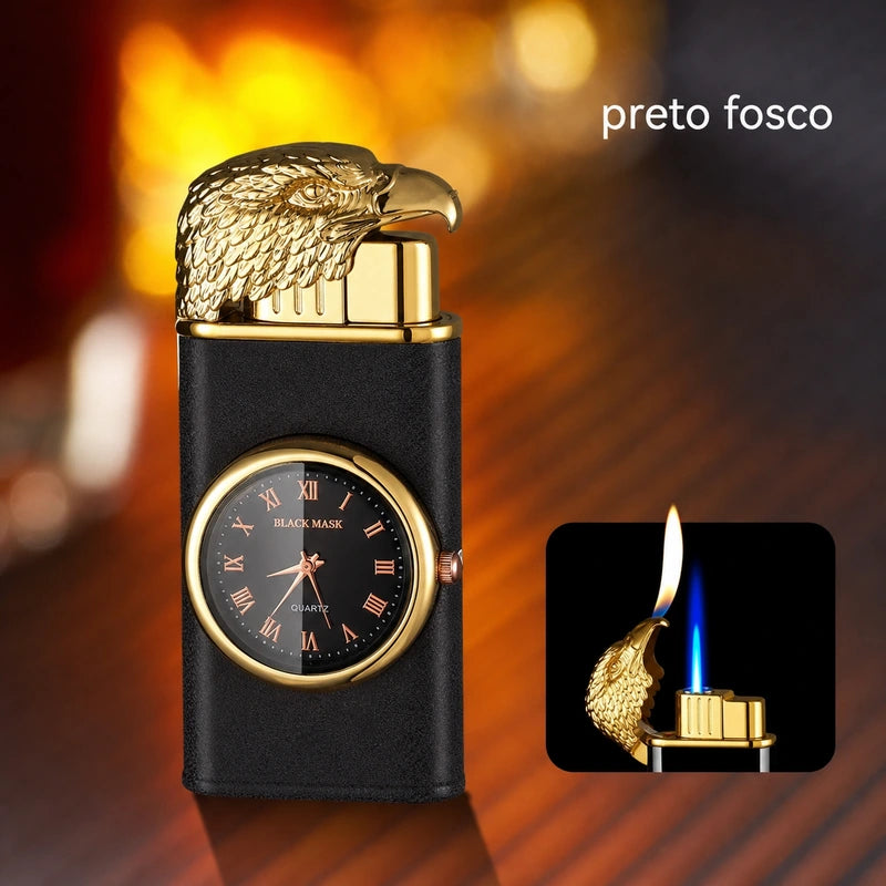 isqueiro-macarico-recarregavel-relogio-preto-dourado-cor-ia - Imagem localizada por IA da versao preto fosco com topo dourado e relogio analogico quartz.