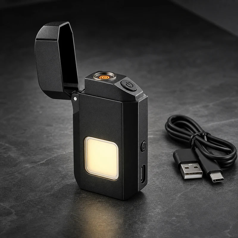 Isqueiro eletrico recarregavel com lanterna LED em fundo premium