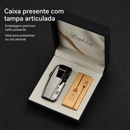 isqueiro-eletrico-recarregavel-multifuncional-caixa-presente - Caixa presente premium com isqueiro prata escovado.