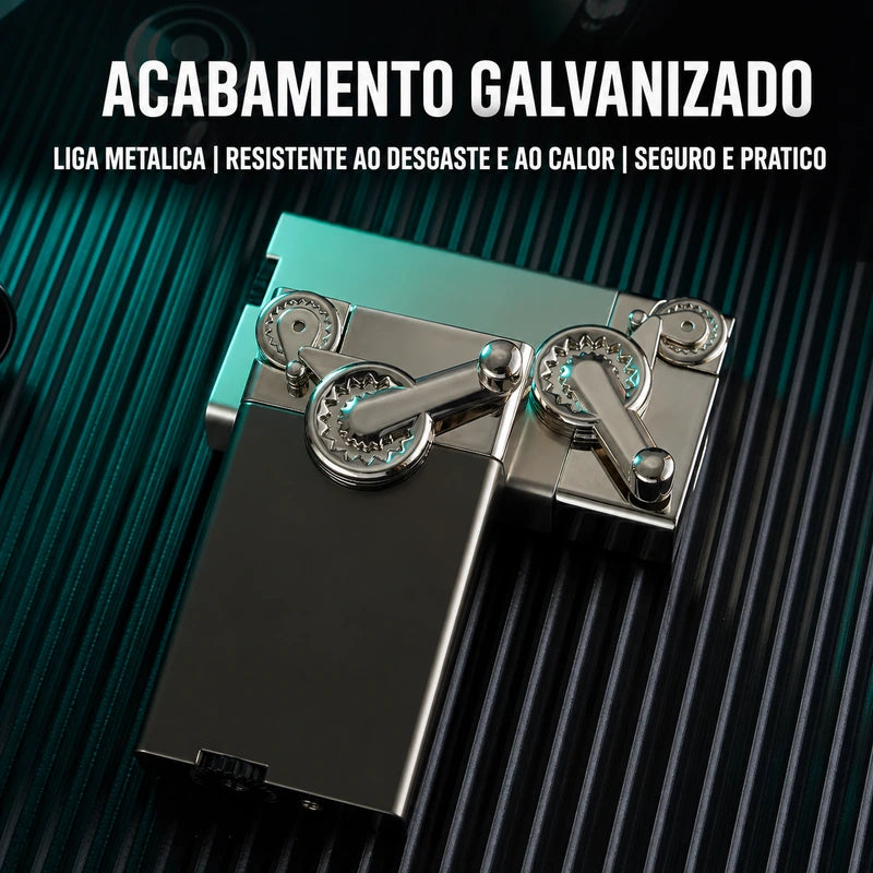 isqueiro-macarico-recarregavel-metal-cinza-areia-acabamento - Detalhe de acabamento galvanizado e corpo metalico do isqueiro macarico.
