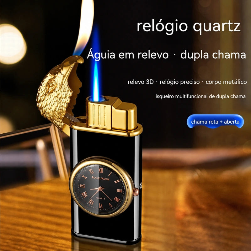 isqueiro-macarico-recarregavel-relogio-preto-dourado-dupla-chama-ia - Imagem localizada por IA mostrando dupla chama e relevo de aguia.