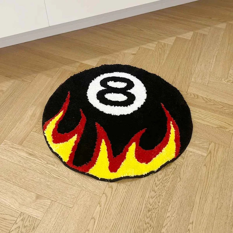 Tapete Bola 8 preto com chamas em composição para sala de jogos