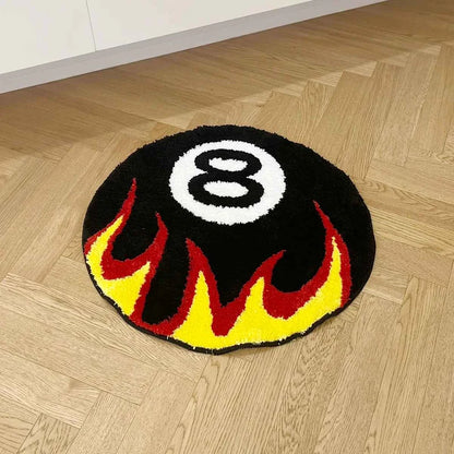 Tapete Bola 8 preto com chamas em composição para sala de jogos