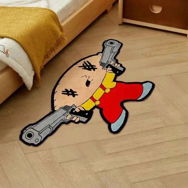 Tapete cartoon de personagem armado ao lado da cama sobre piso de madeira
