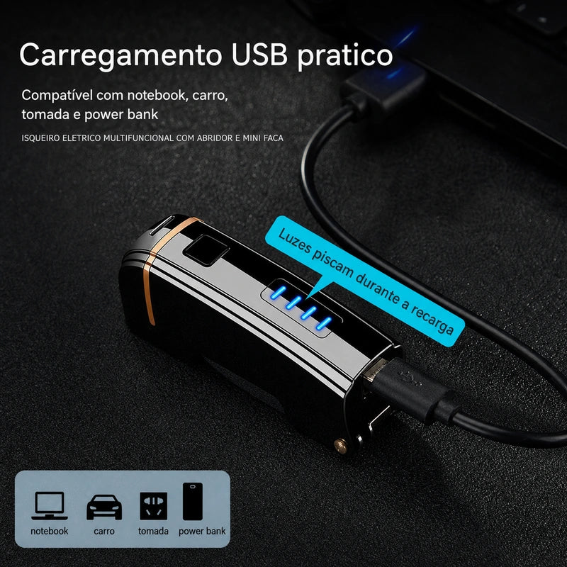 isqueiro-eletrico-recarregavel-multifuncional-carregamento-usb - Recarga USB com notebook, carro, tomada e power bank.
