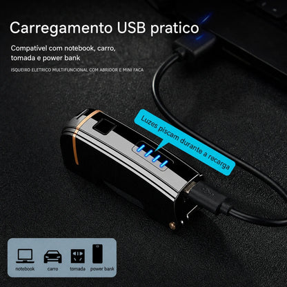 isqueiro-eletrico-recarregavel-multifuncional-carregamento-usb - Recarga USB com notebook, carro, tomada e power bank.