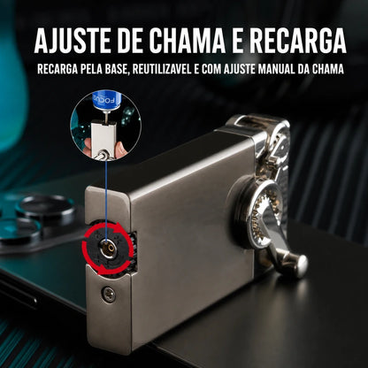 isqueiro-macarico-recarregavel-metal-cinza-areia-recarga - Imagem traduzida mostrando recarga pela base e ajuste de chama.