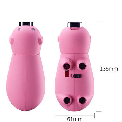 isqueiro-macarico-recarregavel-porquinho-rosa-medidas - Medidas do isqueiro porquinho rosa com vista frontal e traseira.