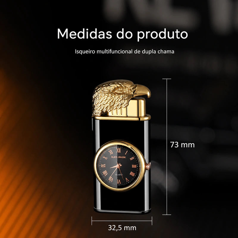 isqueiro-macarico-recarregavel-relogio-preto-dourado-medidas-ia - Imagem localizada por IA com medidas aproximadas de 73 mm por 32,5 mm.