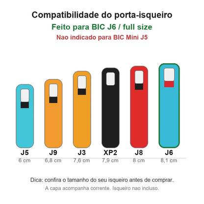 porta-isqueiro-bic-j6-folha-vazado-compatibilidade-bic-j6 - Guia em portugues mostrando compatibilidade do porta-isqueiro com BIC J6 full size.