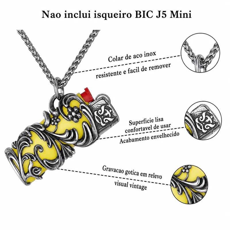 porta-isqueiro-bic-mini-j5-colar-amarelo-tribal-detalhes-aco-inox - Detalhes em portugues do porta isqueiro BIC Mini J5 com colar de aco inox e gravacao gotica.