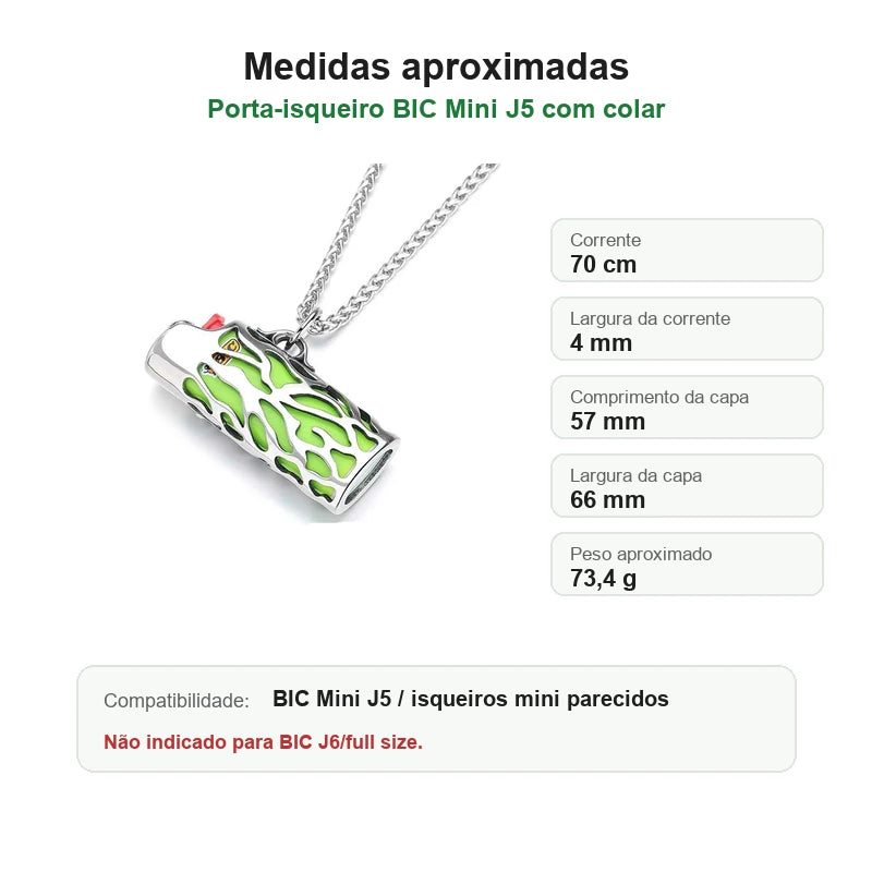 porta-isqueiro-bic-mini-j5-colar-chama-verde-medidas - Medidas em portugues do porta-isqueiro BIC Mini J5 com colar chama verde.