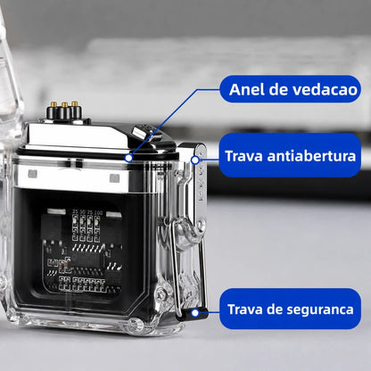 isqueiro-eletrico-recarregavel-prova-dagua-preto-travas-vedacao-ia - Imagem localizada por IA mostrando anel de vedacao e travas de seguranca.