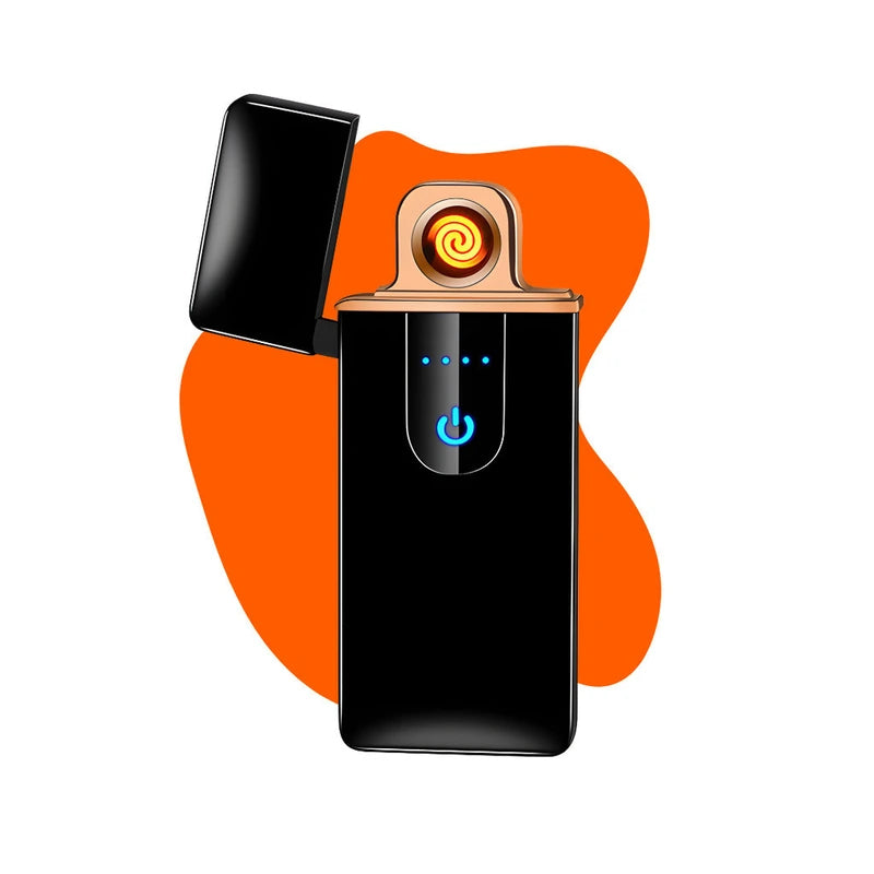 Isqueiro eletrico recarregavel USB touch preto em fundo laranja