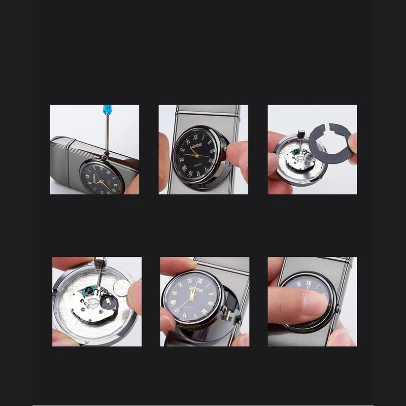 isqueiro-macarico-recarregavel-relogio-preto-detalhes-relogio - Detalhes internos do relogio analogico integrado ao isqueiro.