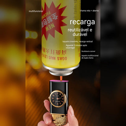 isqueiro-macarico-recarregavel-relogio-preto-dourado-recarga-butano-ia - Imagem localizada por IA mostrando recarga com gas butano.