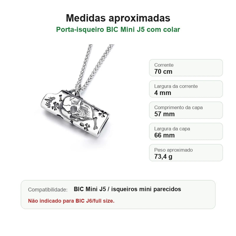 porta-isqueiro-bic-mini-j5-colar-caveira-ossos-medidas - Medidas em portugues do porta-isqueiro BIC Mini J5 com colar caveira.