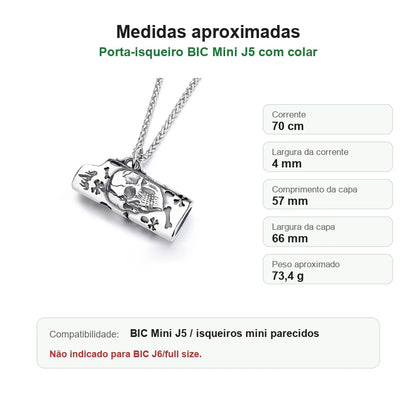 porta-isqueiro-bic-mini-j5-colar-caveira-ossos-medidas - Medidas em portugues do porta-isqueiro BIC Mini J5 com colar caveira.