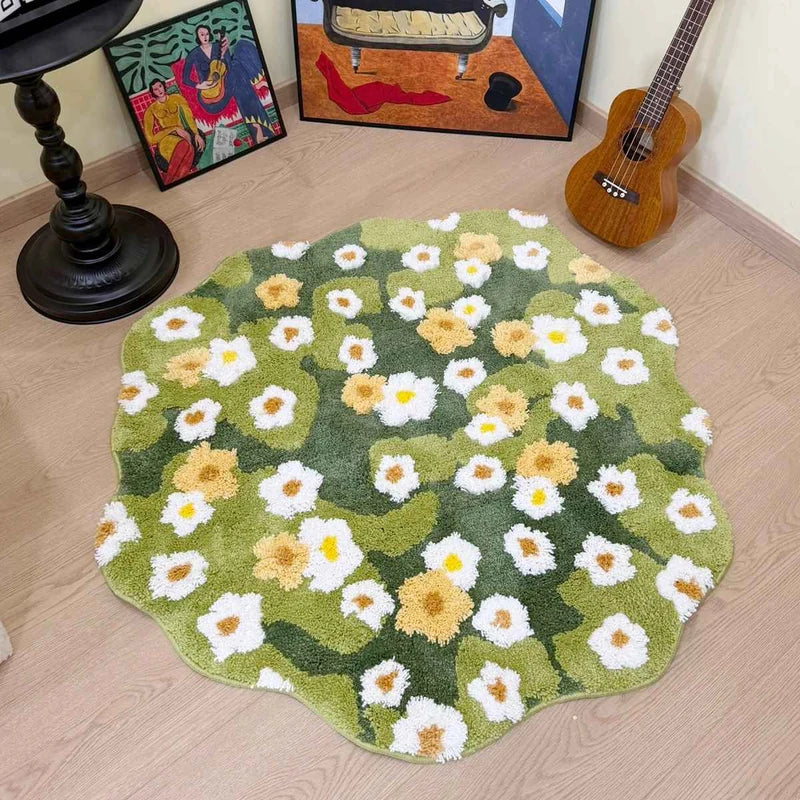 Tapete floral verde com margaridas em sala decorada com instrumentos