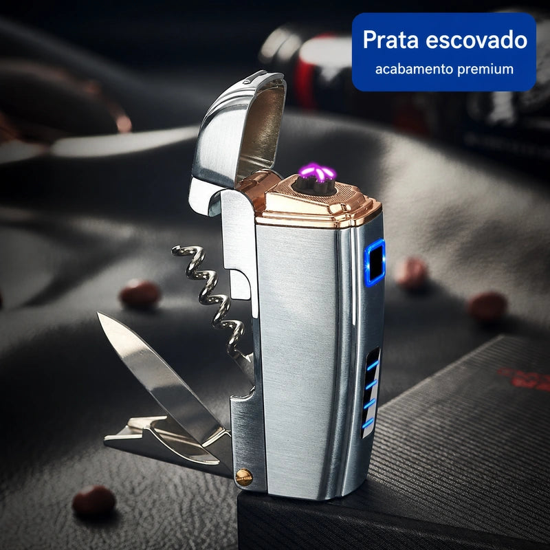 isqueiro-eletrico-recarregavel-multifuncional-prata-escovado - Acabamento prata escovado em imagem de detalhe.