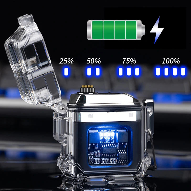 isqueiro-eletrico-recarregavel-prova-dagua-preto-indicador-bateria - Isqueiro eletrico preto com indicador de bateria em porcentagem.