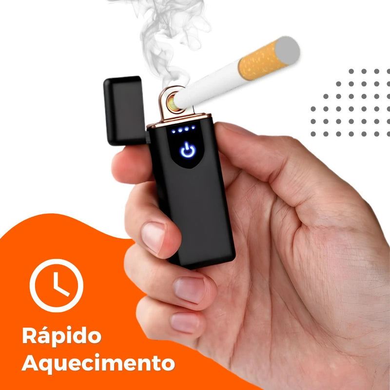 Isqueiro eletrico recarregavel USB touch preto em uso com aquecimento rapido