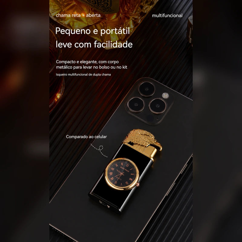isqueiro-macarico-recarregavel-relogio-preto-dourado-portatil-ia - Imagem localizada por IA do produto compacto para levar no bolso ou kit.