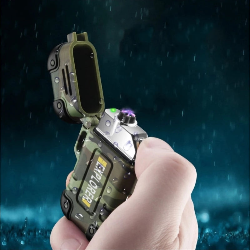 Isqueiro de plasma recarregavel USB camuflado funcionando na chuva