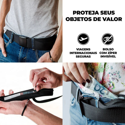 Cinto com Esconderijo TripSafe Preto protegendo objetos de valor em viagens com bolso de ziper invisivel