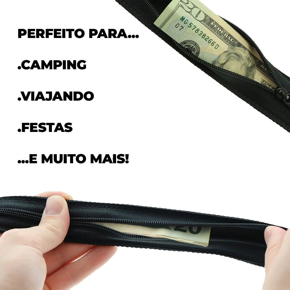 Cinto com Esconderijo TripSafe Preto com ziper interno para dinheiro em camping, viagens e festas