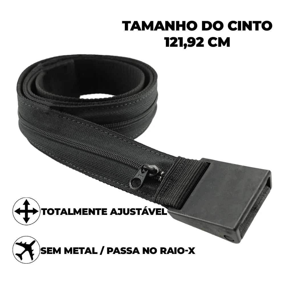 Cinto com Esconderijo TripSafe Preto ajustavel com 121 cm e bolso oculto com ziper