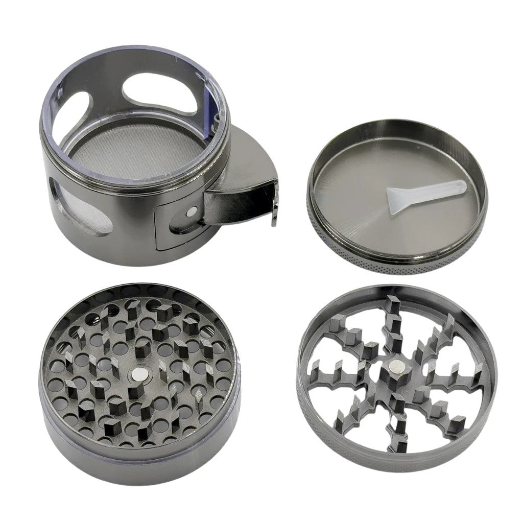As quatro partes do Dichavador Puff Vision desmontadas: câmara com janela, base com pá coletora, peneira e tampa com dentes