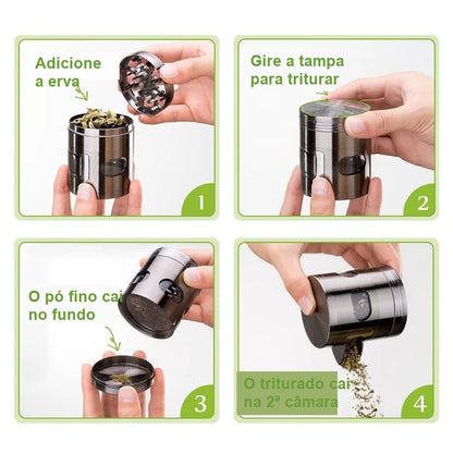 Passo a passo de uso do Dichavador Puff Vision: adicionar a erva, girar a tampa, pó fino no fundo e triturado na segunda câmara