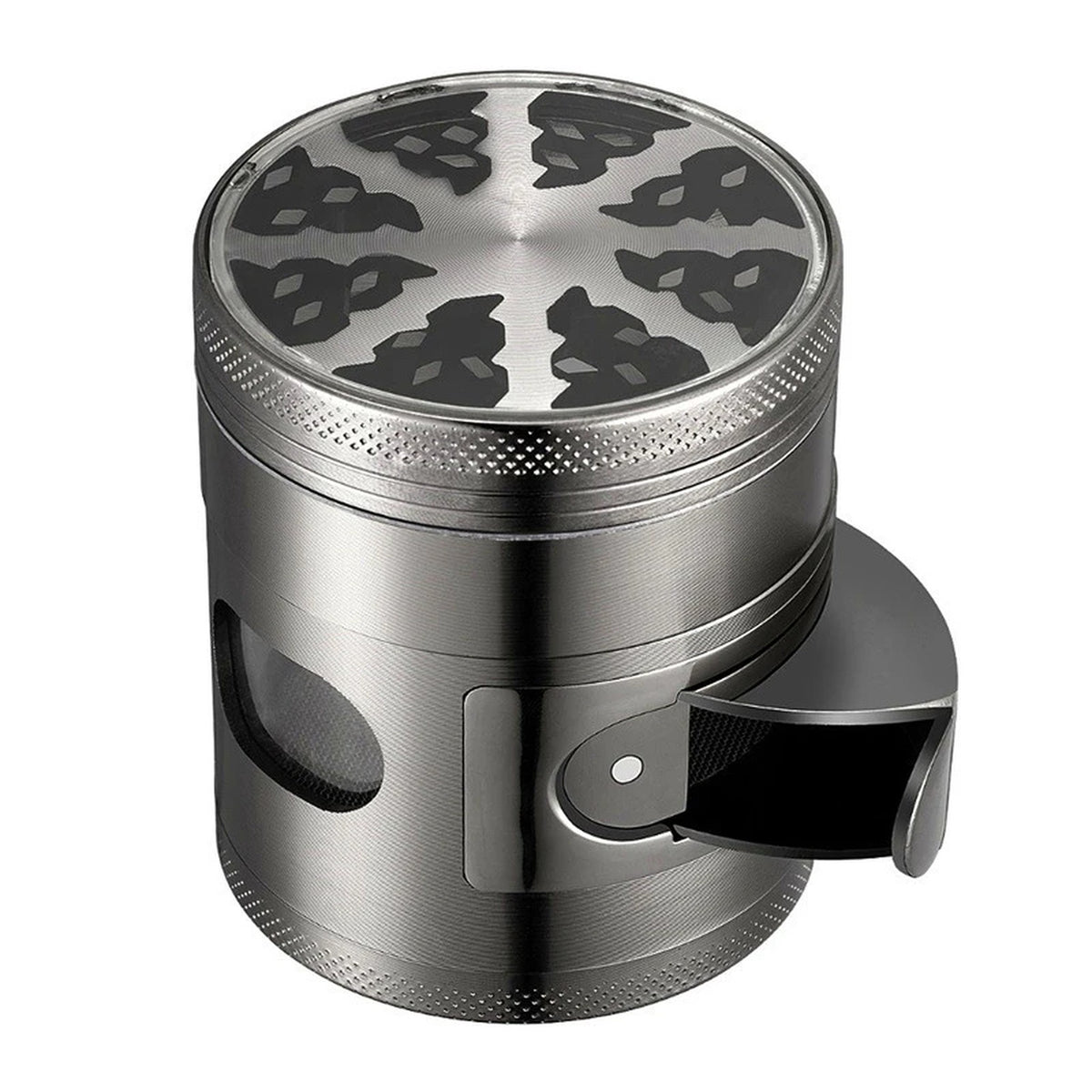Dichavador Puff Vision de metal cinza com tampa de vidro transparente e compartimento lateral basculante aberto