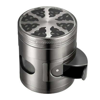 Dichavador Puff Vision de metal cinza com tampa de vidro transparente e compartimento lateral basculante aberto