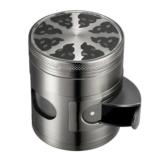 Dichavador Puff Vision de metal cinza com tampa de vidro transparente e compartimento lateral basculante aberto