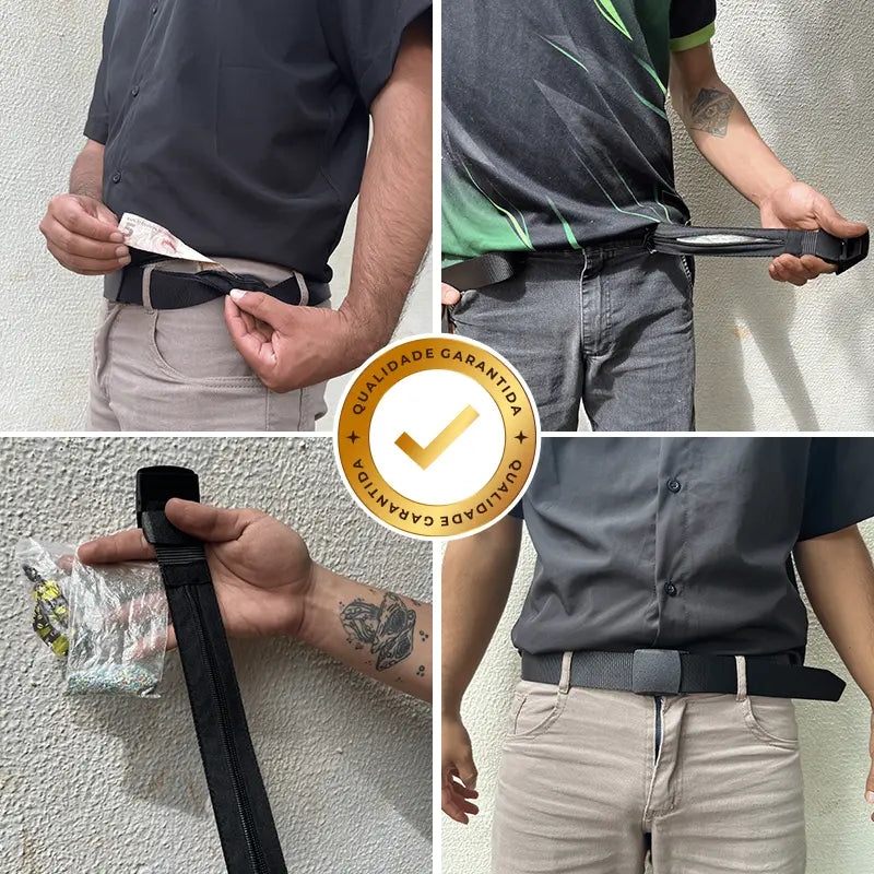 Cinto com Esconderijo TripSafe Preto em uso mostrando bolso interno discreto e ajuste na cintura