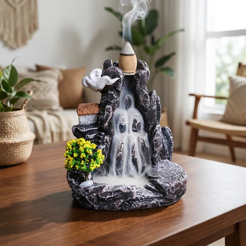 Incensário cascata backflow Jardim Zen Árvore Amarela em ambiente de sala