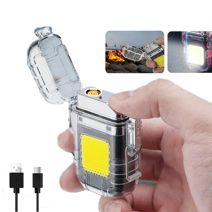 isqueiro-eletrico-usb-portatil-em-uso-camping - Isqueiro eletrico USB portatil em imagem de uso para viagem e camping.