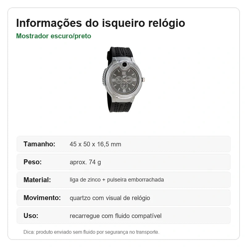 Informações do isqueiro relógio de pulso prata escuro com medidas, material e uso